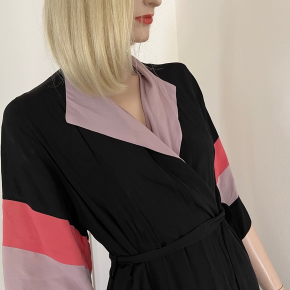 Vintage 40s Saybury Robe Dressing Gown Tricolor Black Peachy Coral Lavender S - Picture 2 of 16